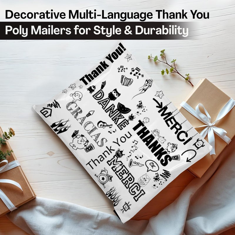 Shop4Mailers 12 x 15.5 Glossy Decorative Thank You Plastic Poly Mailer Bags Waterproof Shipping Mailing Envelope 2 Mil â€“ Permanent Adhesive Seal (100 Pack, Multi-Language) - Image 3